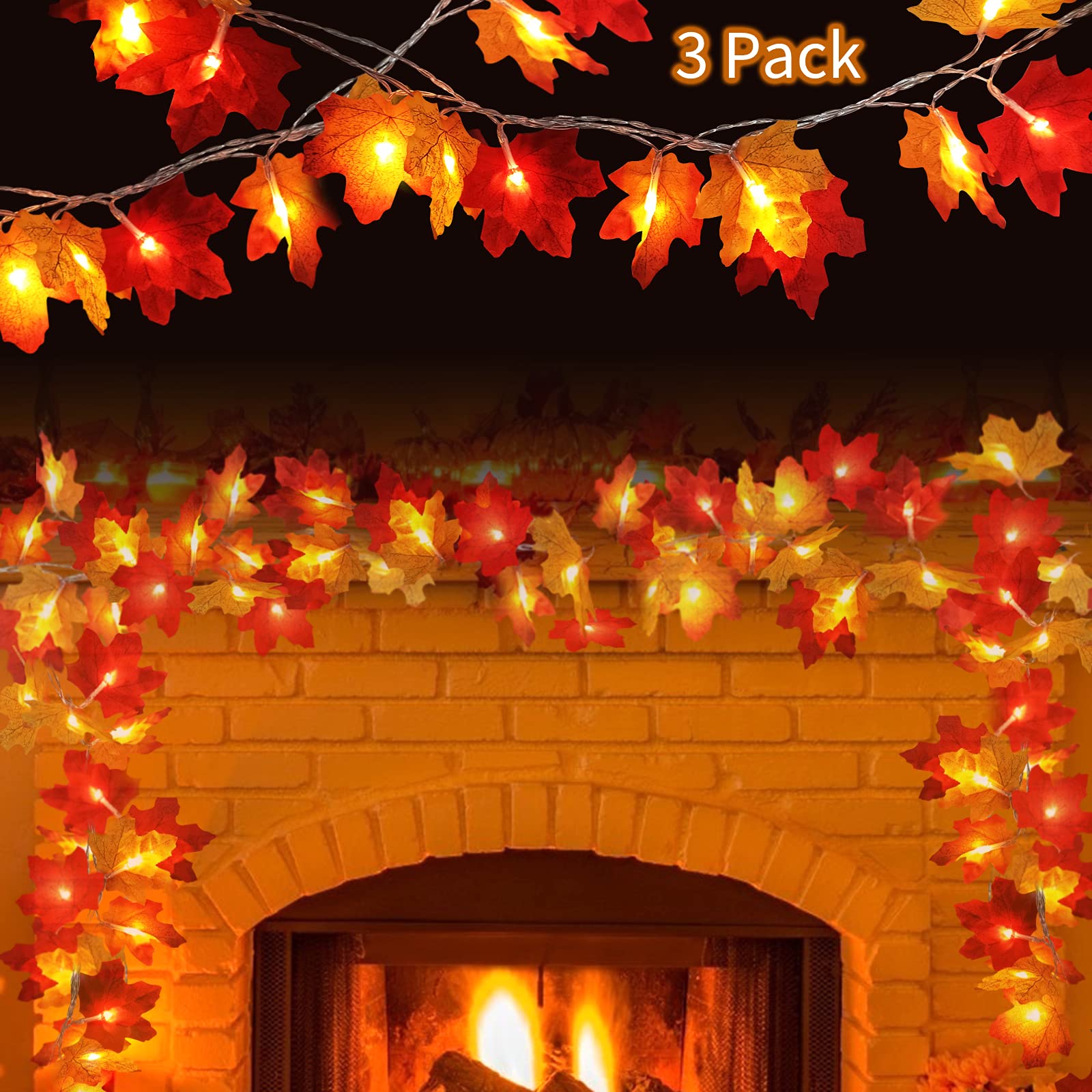 3 Pack Fall Decorations for Home Maple Leaves Fall Lights Autumn Decor Halloween Garland for Farmhouse Table Mantle Thanksgiving Harvest Halloween Indoor Outdoor Decorations