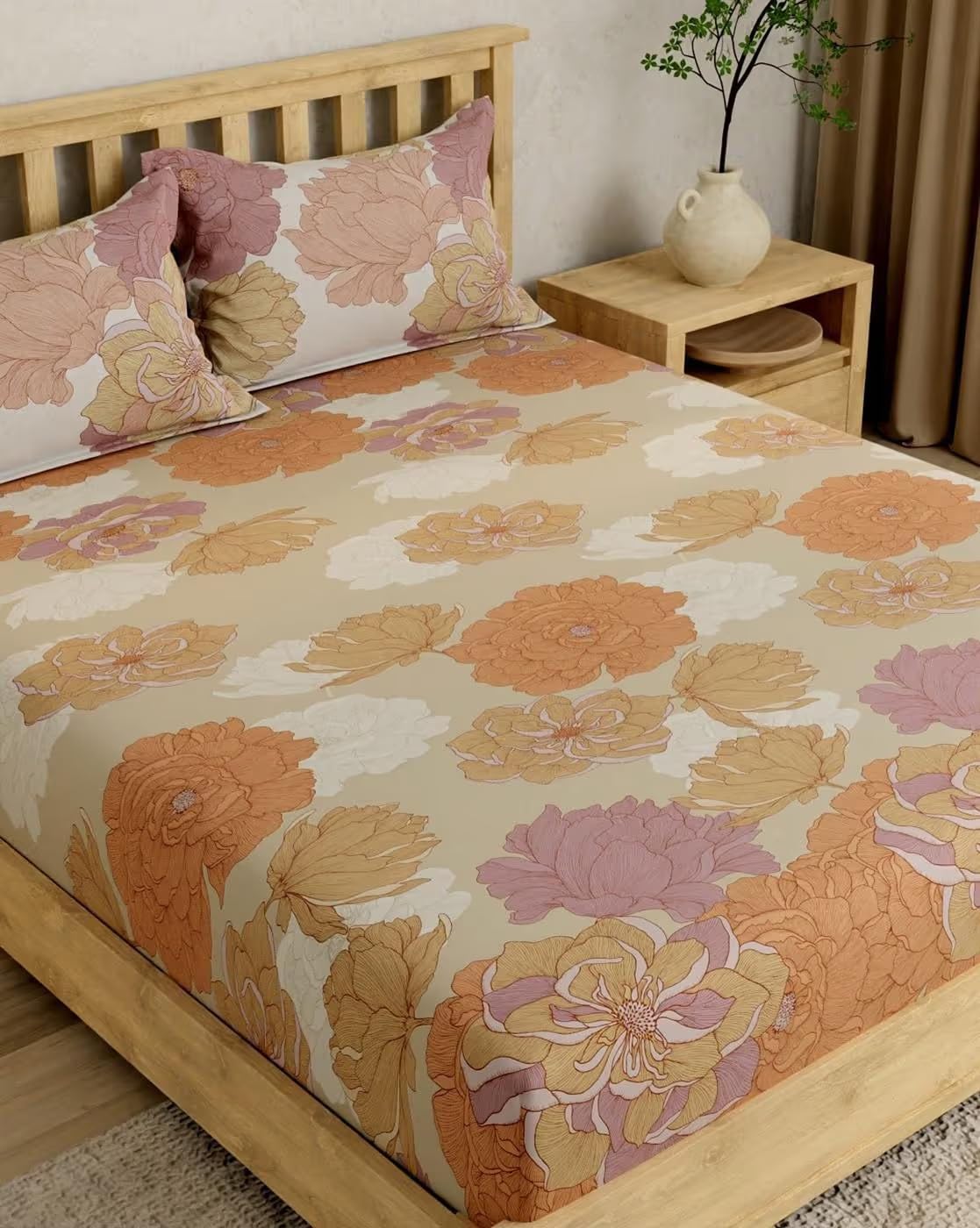 Portico New York Eclectic 100% Cotton Super King Size Flat Bedsheet with 2 Pillow Covers | 152 TC | Oeko-TEX Standard 100 Certified | Super Soft | 274 x 274 cm | 3 mm Cord Piping | Cream Brown-image-43