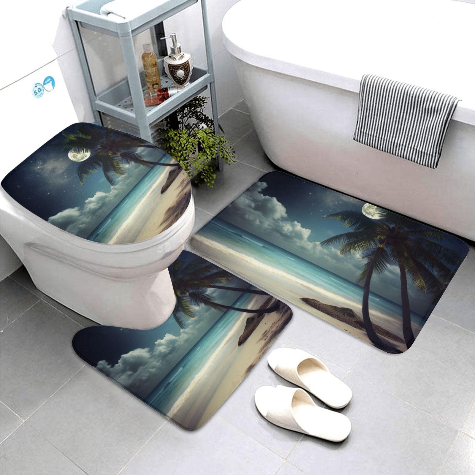 Lot de 3 tapis de bain antidérapants et absorbants en flanelle, motif plage tropicale, palmier, pleine lune, tapis de bain, tapis de contour et housse pour abattant WC