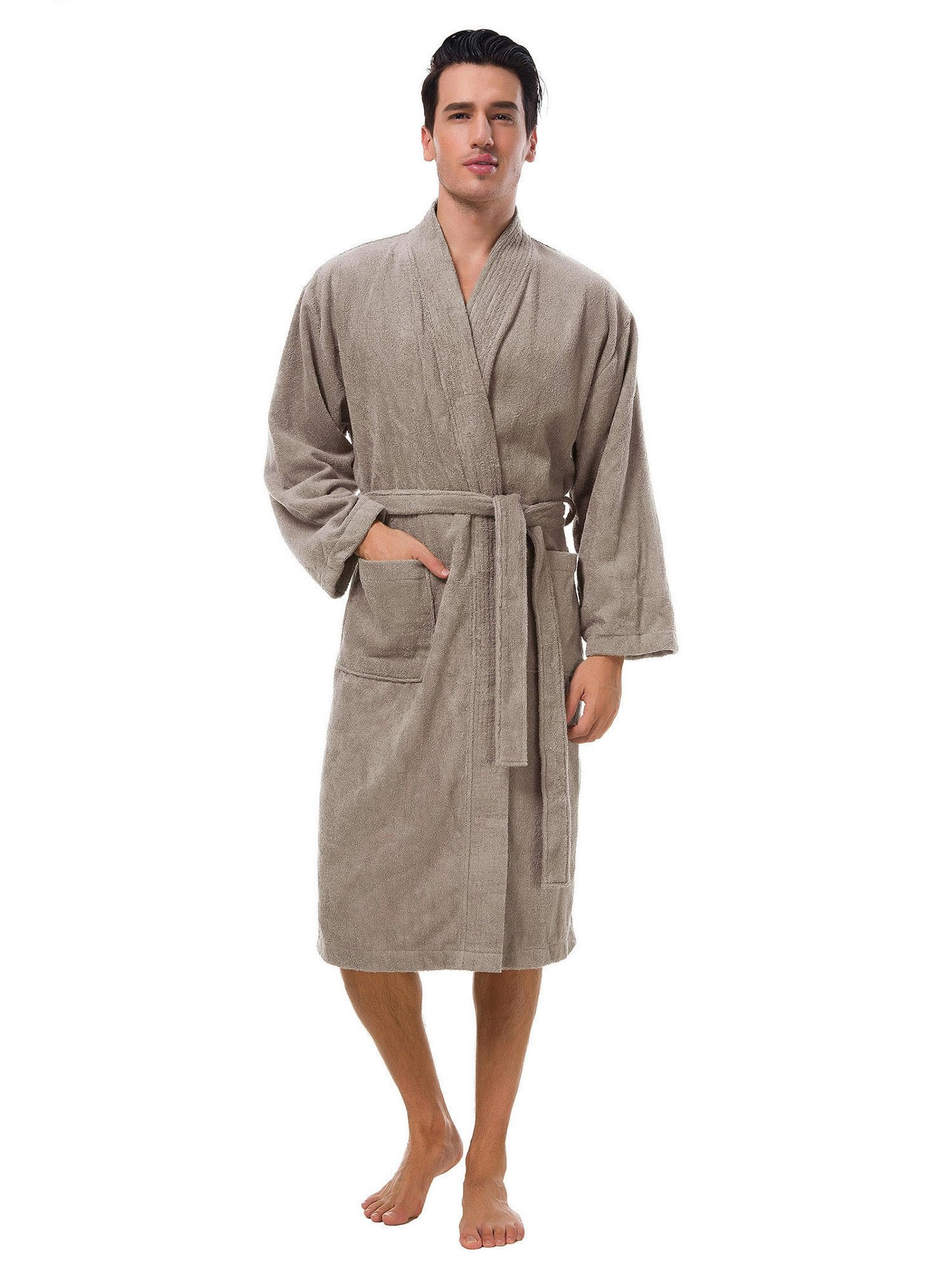 SIORO Men's Terry Cotton Robe, Absorbent Kimono Towel Bathrobe for Spa and Hotel, Soft Shower Calf Length Cloth with Pockets