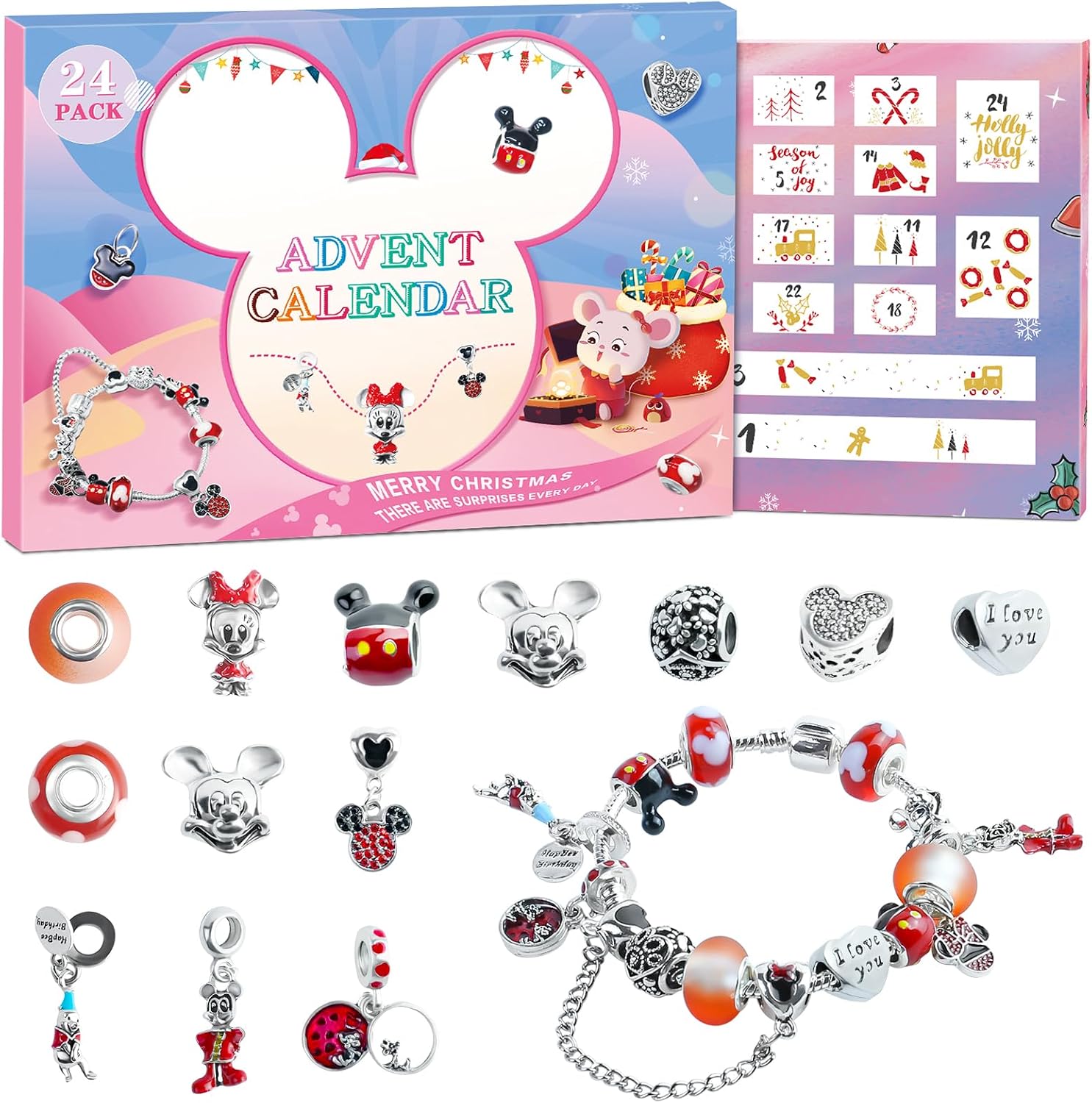 Advent Calendar 2026, Christmas DIY Cartoon Charms Bracelet Countdown to Christmas with 2 Bracelets and 22 Unique Charms Jewelry Set for Girls,Teen,Sister