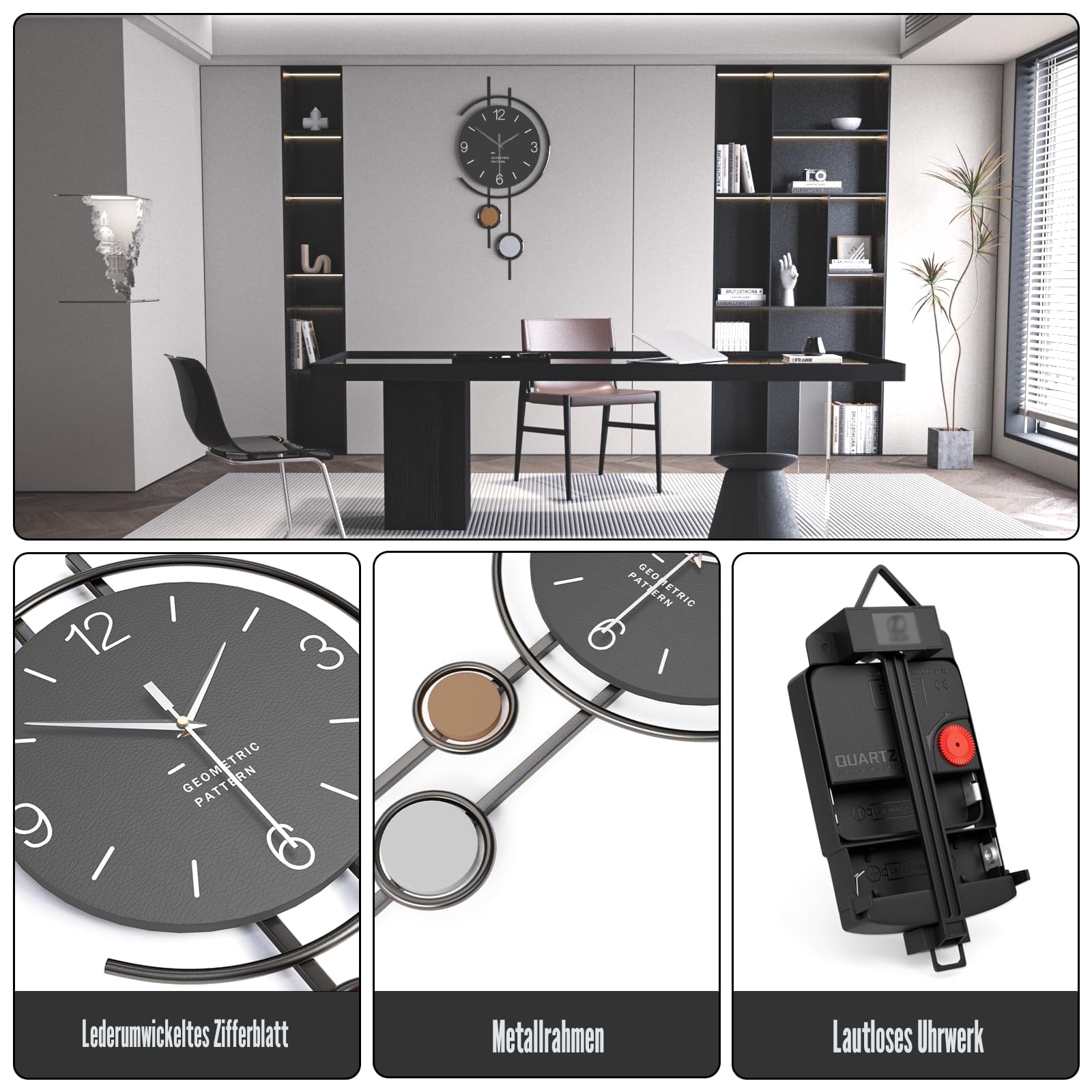 Modern Wanduhr Kreativ Minimalistisch Metallrahmen Dekorative Wanduhren Stumm ohne Tickgeräusche Batteriebetrieben Quarzuhr Art Decor für Wohnzimmer Schlafzimmer Büro Küche, Schwarz