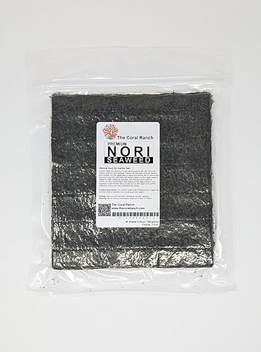 Algas nori prémium - 50 hojas - Paquete resellable - Alimento para peces marinos, espigas, peces mariposa, pez ángel, 5.29 onzas