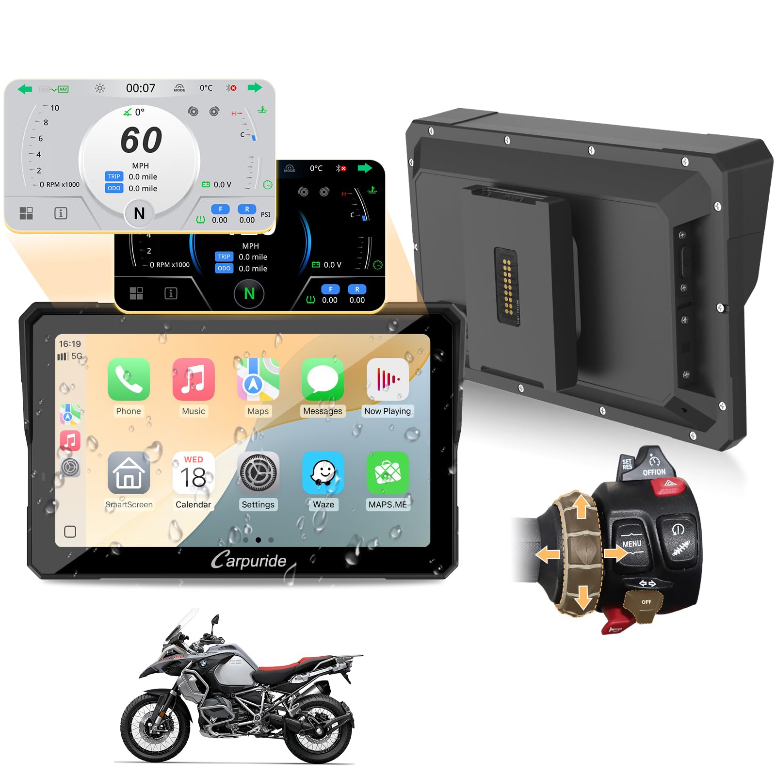 Carpuride W702BS Pro Carplay Screen for BMW Moto Native Wonder Wheel | Wireless CarPlay and Android Auto, 7" Waterproof Touch Screen, Dual Bluetooth, Intercom.