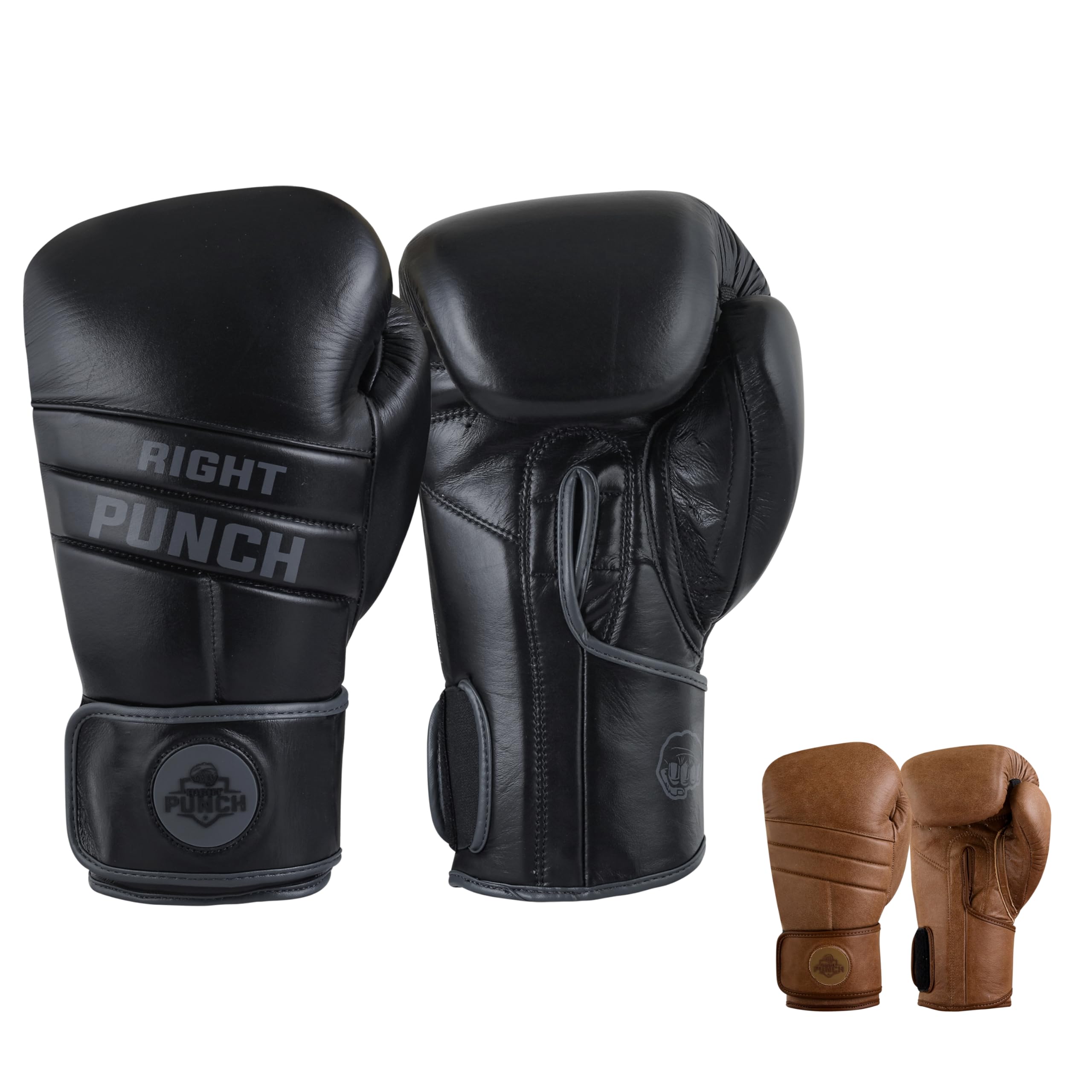 Right Punch Durable Cowhide Leather Boxing Gloves for Men & Women | Ideal for Punching Bag, Sparring, MMA, Muay Thai, Kickboxing & Martial Arts | Maximum Protection Training Gloves (Black 14 OZ)