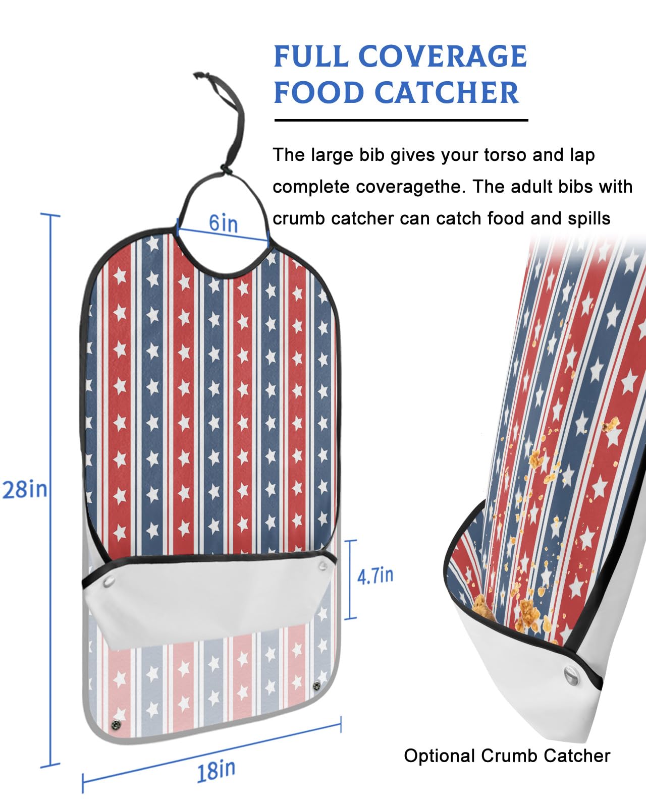 4th of July Adult Bibs for Eating, Waterproof Bibs with Food Catcher & Adjustable Snap Closure, Red Blue Striped Star Independence Day Washable Clothing Protectors Adult Bibs for Elderly Women/Men