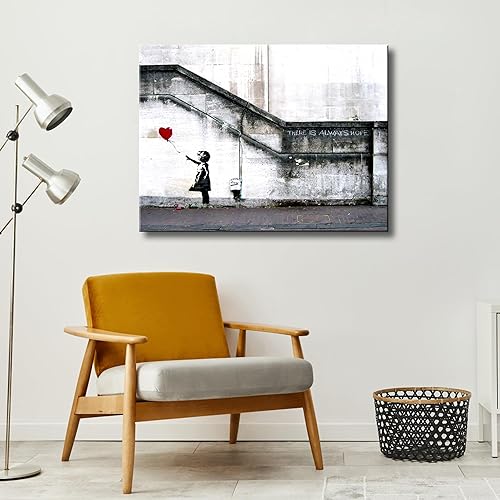 Vista 42 de Wieco Art Lienzo enmarcado para pared, impresiones en lienzo Giclée de Banksy Grafitti Girl con globo rojo, ilustraciones abstractas para decoración