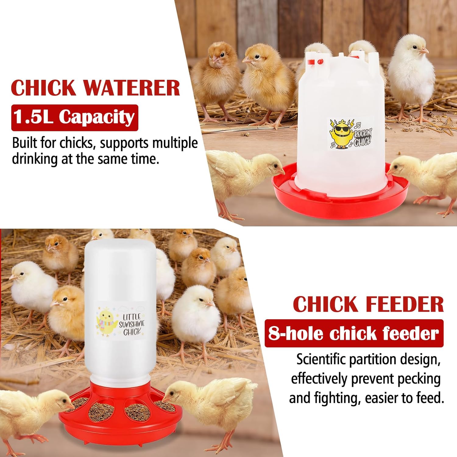 Chicken Feeder and Waterer Set with Chick Perch, Cool Baby Chick Feeder and Waterer Set, Baby Chicken Supplies for Small Poultry Chicks Ducks Quail Pigeons Birds(RED)