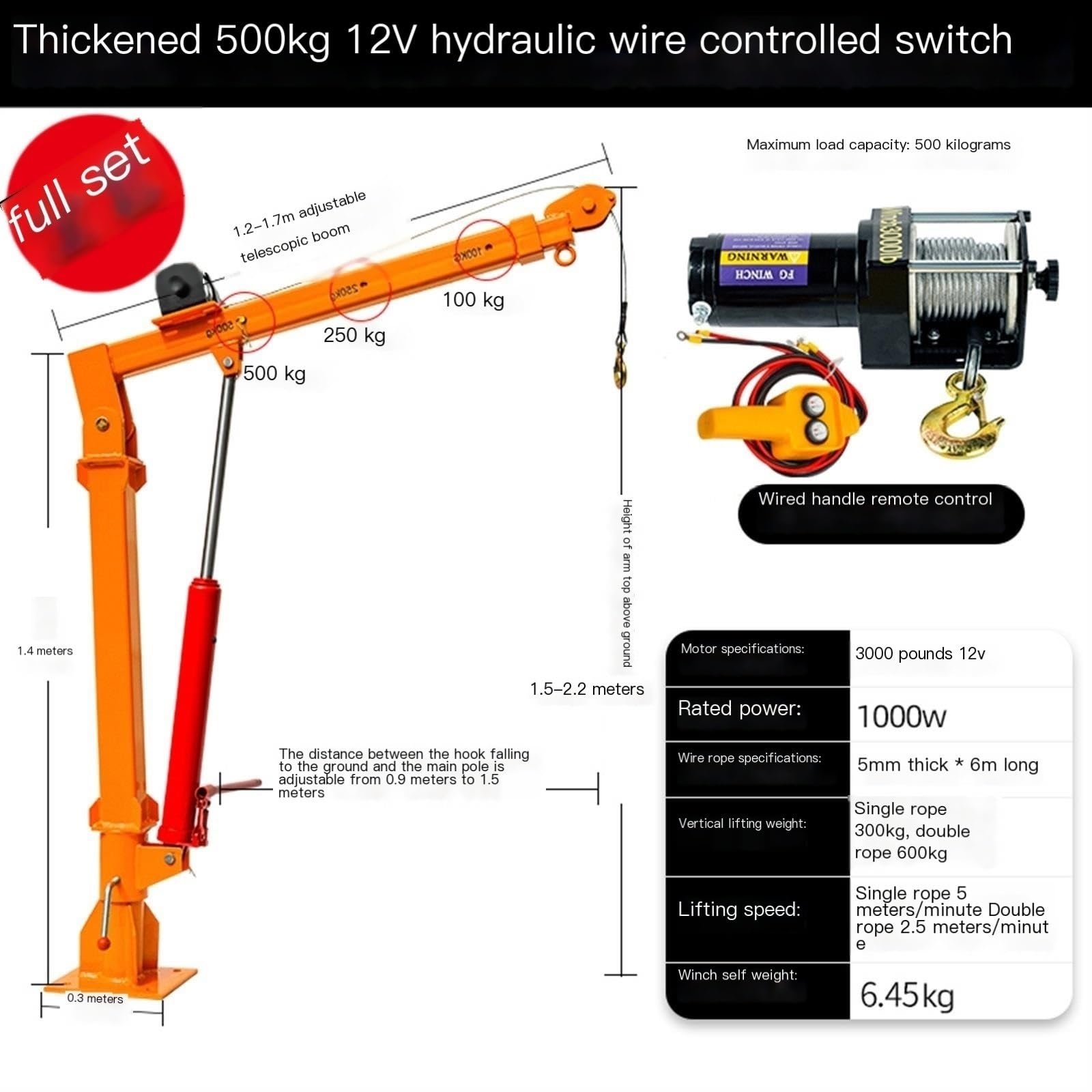 Hand Crank/Electric Small Crane, Vehicle-Mounted Household Crane 12v 24v 220v, Truck-Mounted Lifting Hoist MINGPING(500kg 12v Hydraulic)