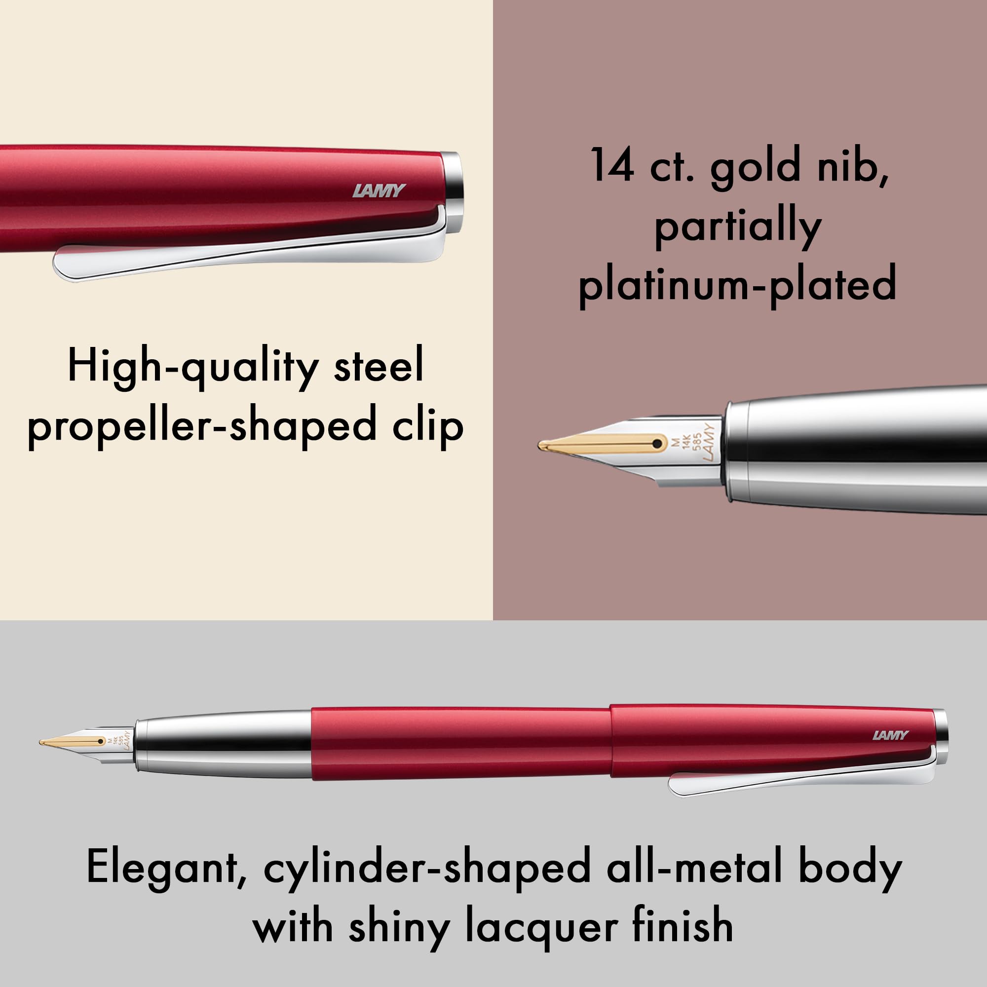 Lamy studio pianored - Stylo-plume en métal élégant - plume en or 14 ct., partiellement rhodinée en largeur du trait OB - avec cartouche d'encre bleue T 10