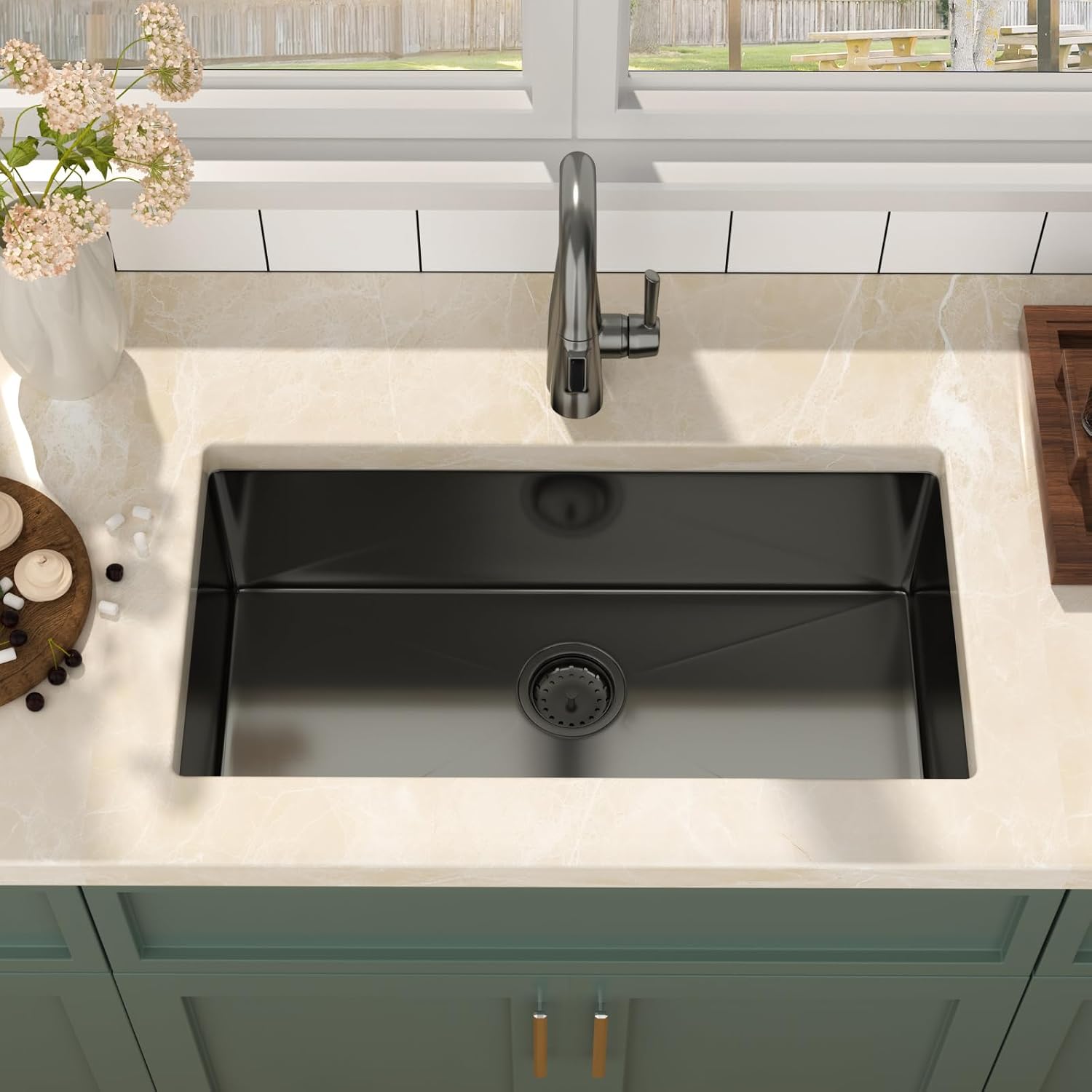 Mocoloo 30 Inch Gunmetal Black Undermount Kitchen Sink - 30" x 16" T304 Stainless Steel Handmade Single Bowl Round Corner Under Counter 9" Deep Basin