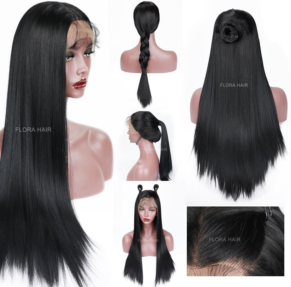 Long Straight Hair Synthetic Lace Front Wigs Heat Resistant Natural Black Wigs with Baby Hair for Women 22 inch