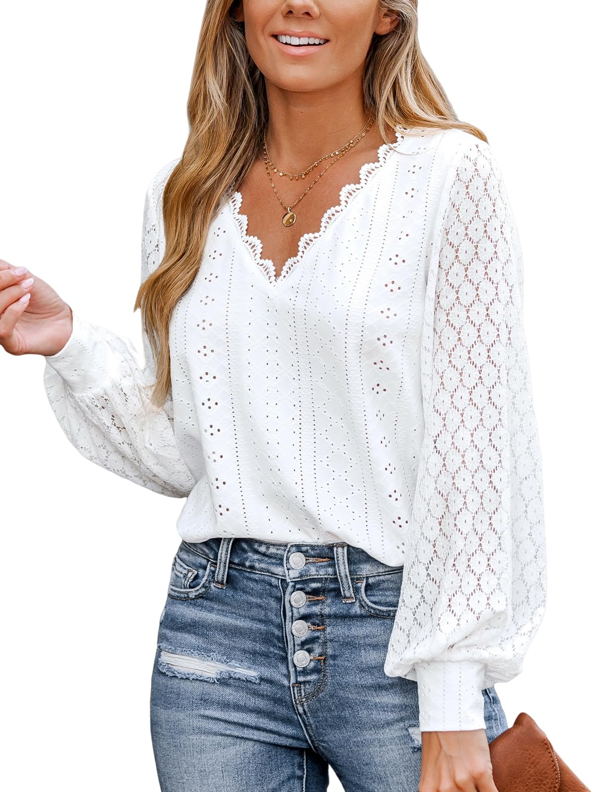 Women Blouse Cutout Scalloped Lace Top Long Lace Sleeves V Neck Banded Cuffs Chic Elegance Shirt
