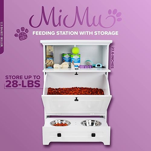 Miniatura 2 de Soporte elevado para cuenco de perro con gabinete de almacenamiento de alimentos, mueble blanco para perros y gatos, soporte para tazón de