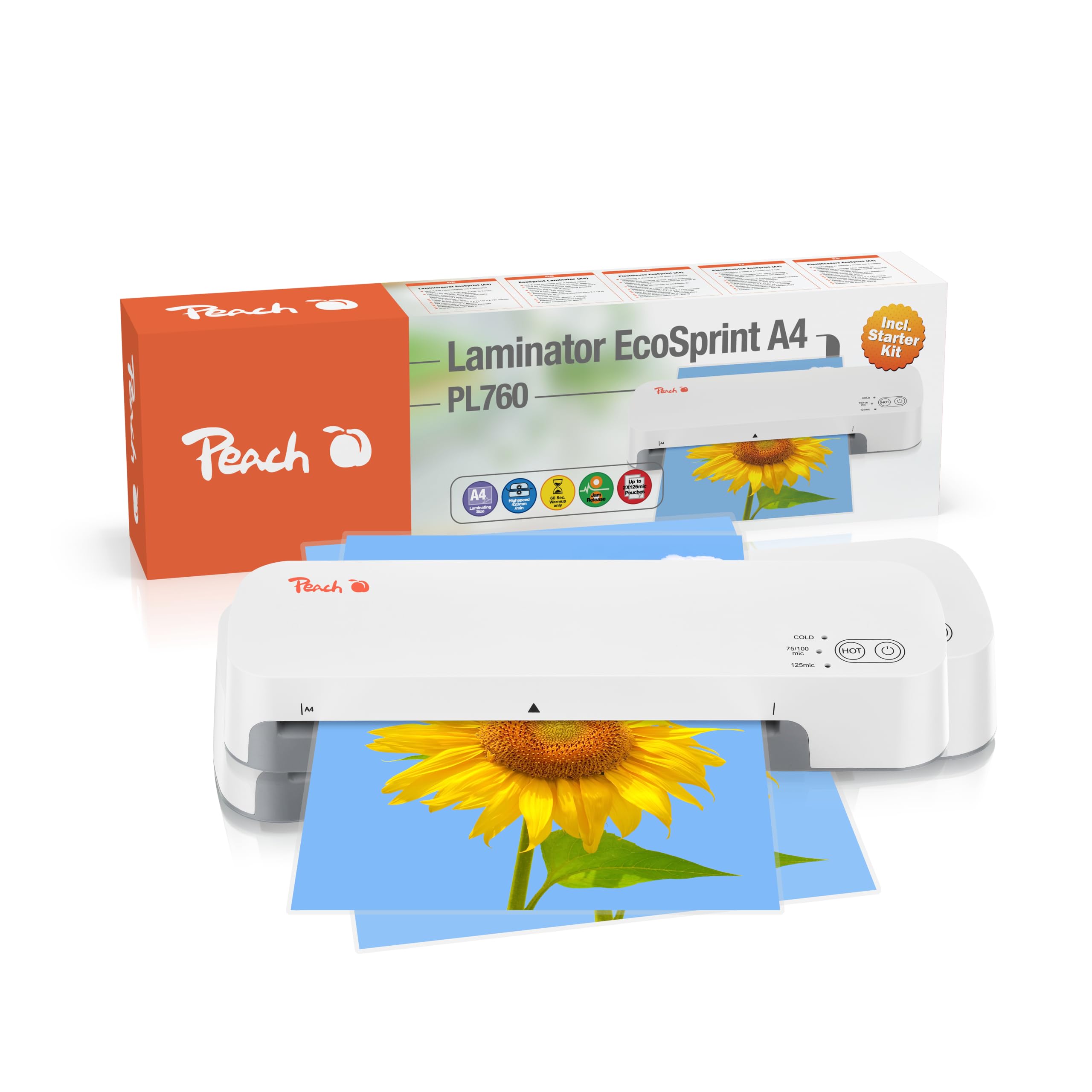 Peach EcoSprint PL760A - Plastificatrice A4, con 10 pellicole per plastificazione gratuite, tempo di riscaldamento 1/3 del tempo abituale, oltre 1 1/2 pellicole al minuto