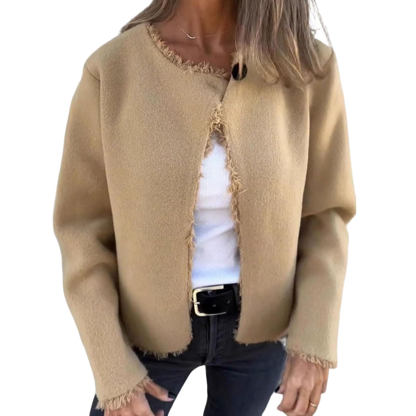 Genérico Chaqueta de manga larga con cuello redondo y cuello de piel para mujer, chaqueta corta informal con abertura delantera, cárdigan ligero con botones.