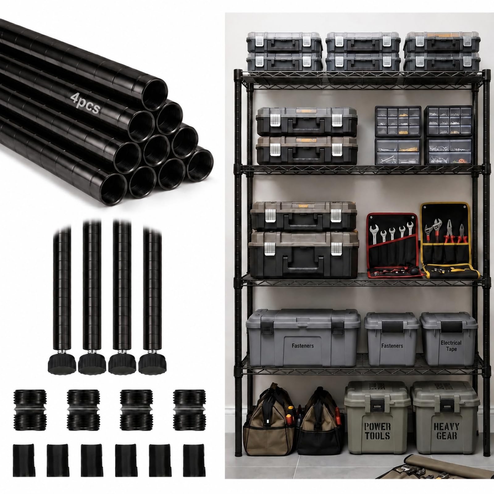 Thyle 4 Pack 36'' Wire Shelving Posts with 50 Clip, Chrome Steel, Black