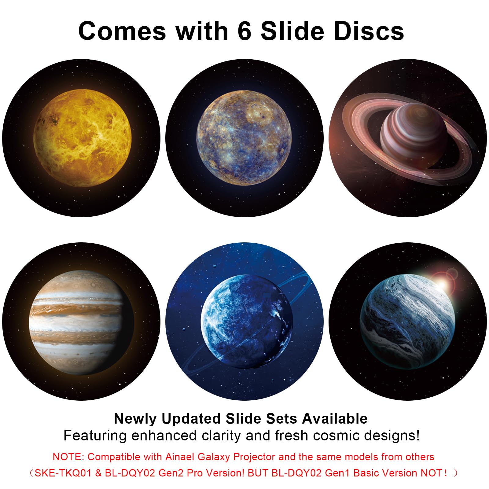 Galaxy Dischi per proiettore – Diapositive Ultra HD compatibile con il proiettore Ainael Galaxy e i modelli SKE-TKQ01 & BL-DQY02 (Pro Version) – Set da 6 dischi (Solar System)