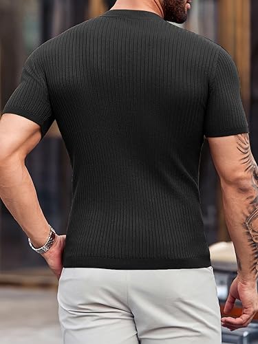 Miniatura 3 de Camiseta básica de manga corta para hombre, estilo casual, ajustada, cuello alto, tejido acanalado, elástico, sin botones