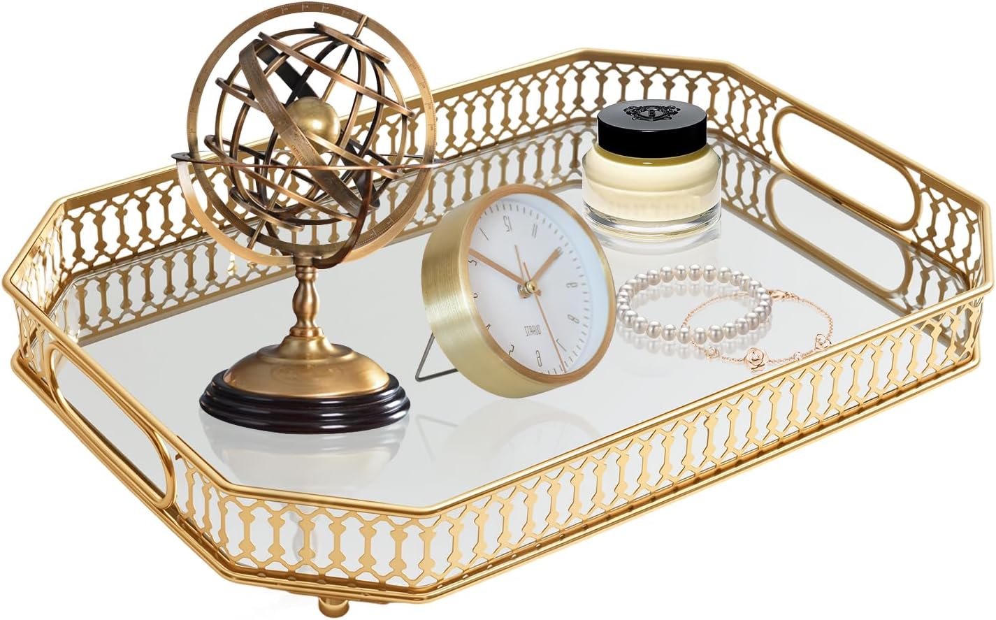 Vintage Gold Mirrored Vanity Mirror Tray Decorative Perfume and Makeup Organizer with Handles for Dresser,Bathroom or Jewelry Display, Decor Home Large Size (Large)