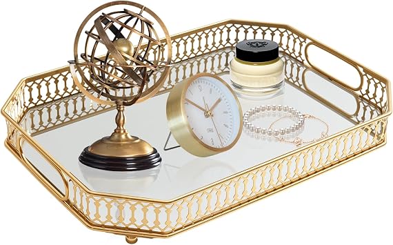 Vintage Gold Mirrored Vanity Mirror Tray Decorative Perfume and Makeup Organizer with Handles for Dresser,Bathroom or Jewelry Display, Decor Home Large Size Large | Decorative, Perfume and Makeup Organizer, With Handles, For Dresser, Bathroom or Jewelry Display