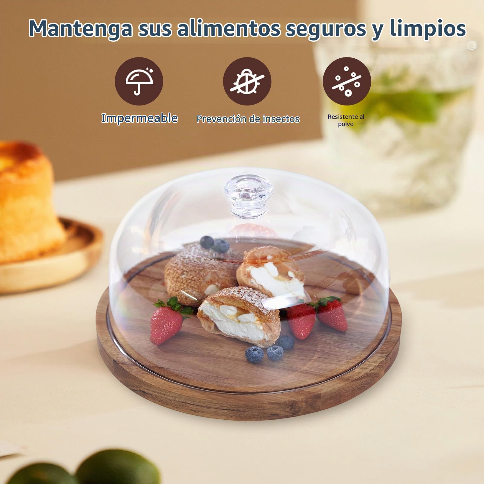 Buachois Soporte para Pastel con Tapa de Madera, Ø 30 cm / 12 Pulgadas Pastel Tapa, 2 en 1 Mesa de Pantallas de Charcutería de Redondo de Exhibición de Postres con Cúpula de Acrílico para Bandeja