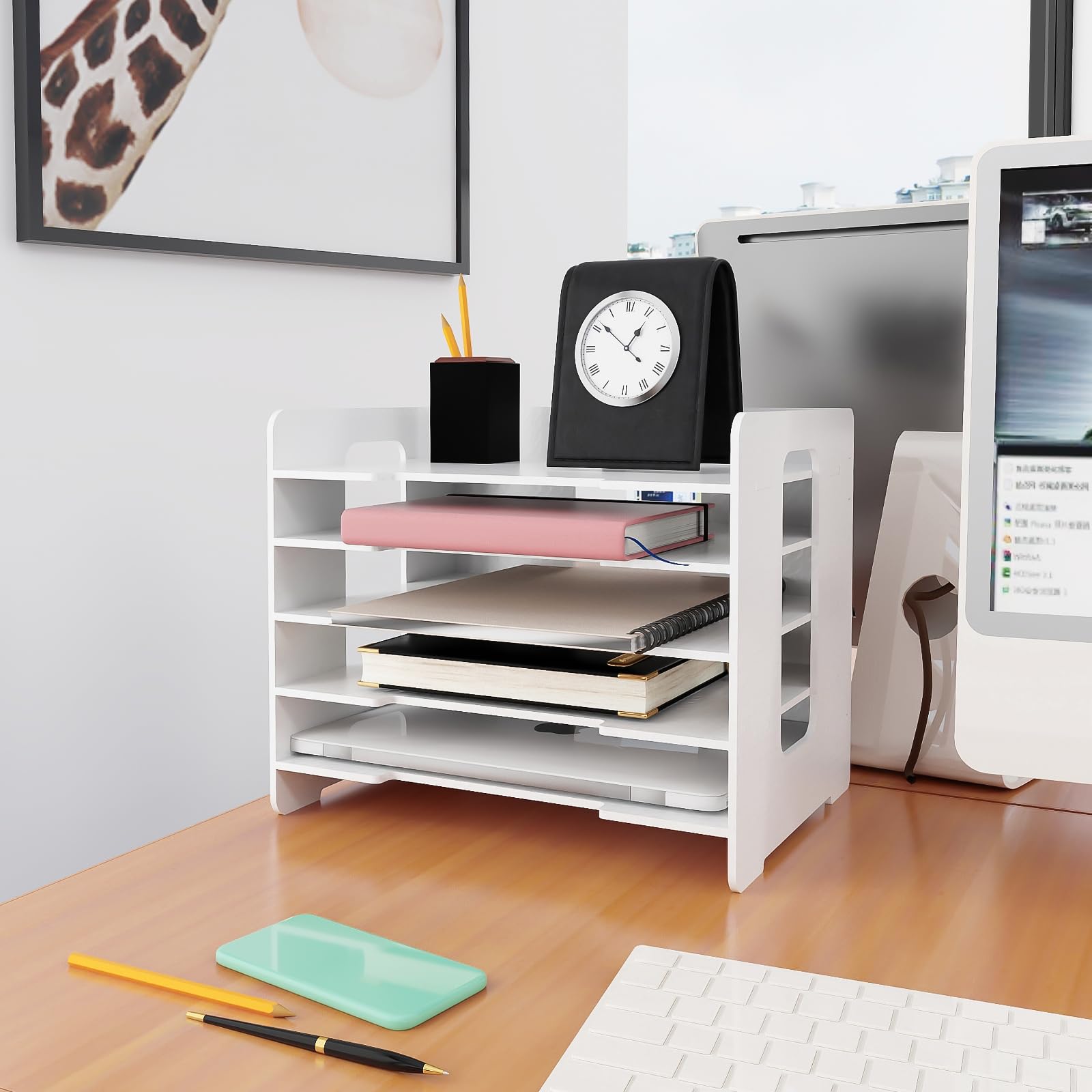 Briefabla, organizer portadocumenti da scrivania con portapenne, formato A4, 5 scomparti, 33,5 x 25,5 x 28 cm, ideale per casa e scuola, colore bianco (1 pezzo)