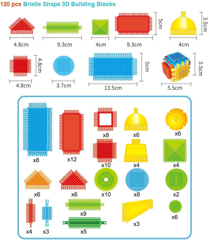 Needra 120pcs Bristle Shape 3D Building Blocks Tiles Construction Playboards Toys