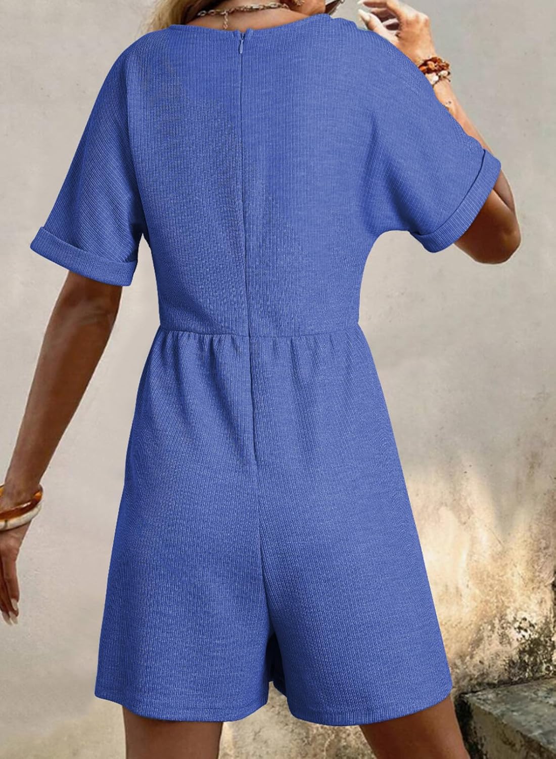 AlvaQ Rompers for Women 2025 Summer Casual V Neck Short Sleeve Romper Overalls Shorts with Pockets Beach Vacation Outfits Blue X-Large - Image 3