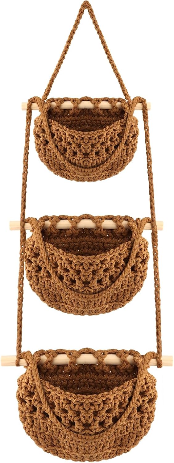 Cotton Hanging Fruit Basket,3 Tier Woven Wall Basket