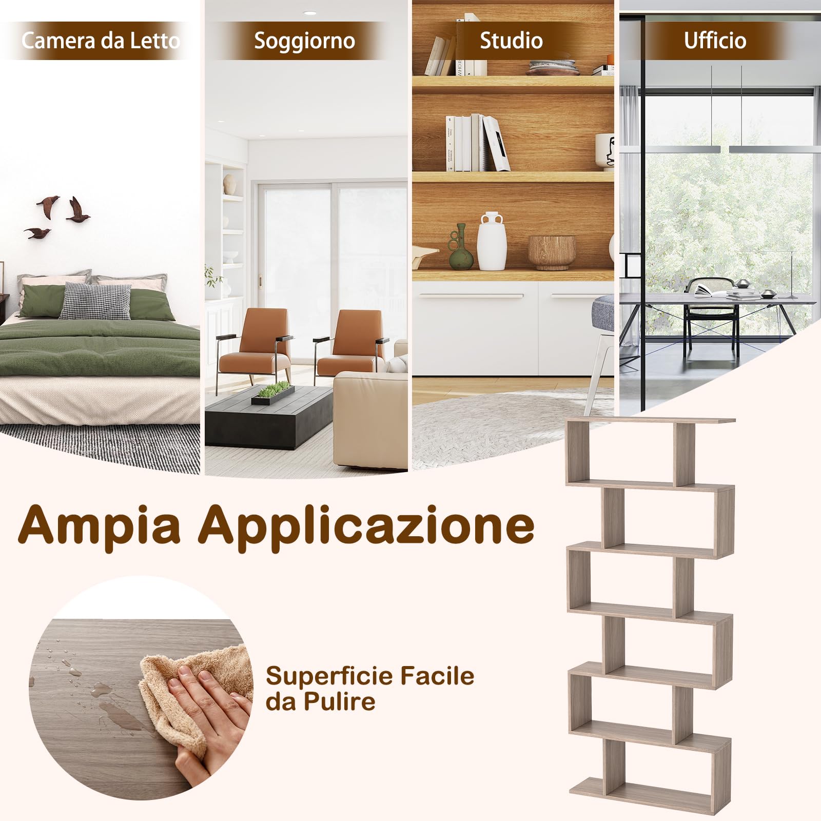 COSTWAY Scaffale a 6 Ripiani, Libreria a Forma di S, Libreria Scaffale da Terra in Legno, Divisorio per Soggiorno, Camera da Letto, Ufficio, 80 x 23 x 192 cm (Quercia)