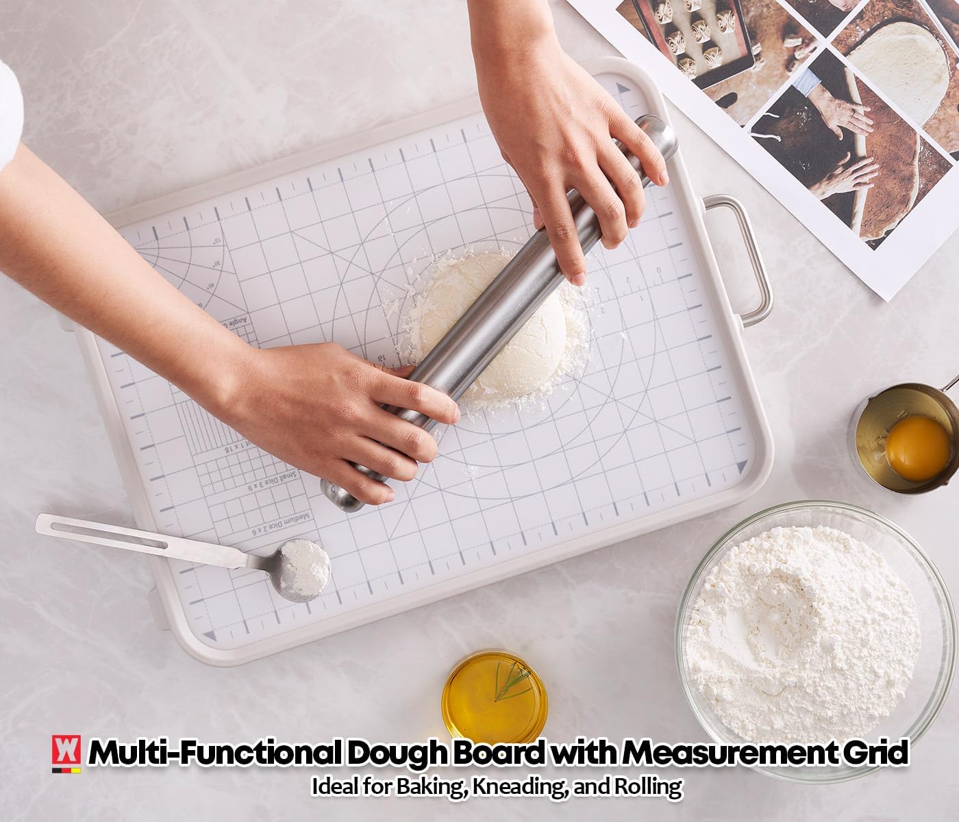 SUS316 Stainless Steel Cutting Board, Reversible Chopping Board with Juice Groove, Anti-Slip Edges, Measurement Guide & Handle – BPA-Free, Non-Porous (16.5 x 11.4 Inches)