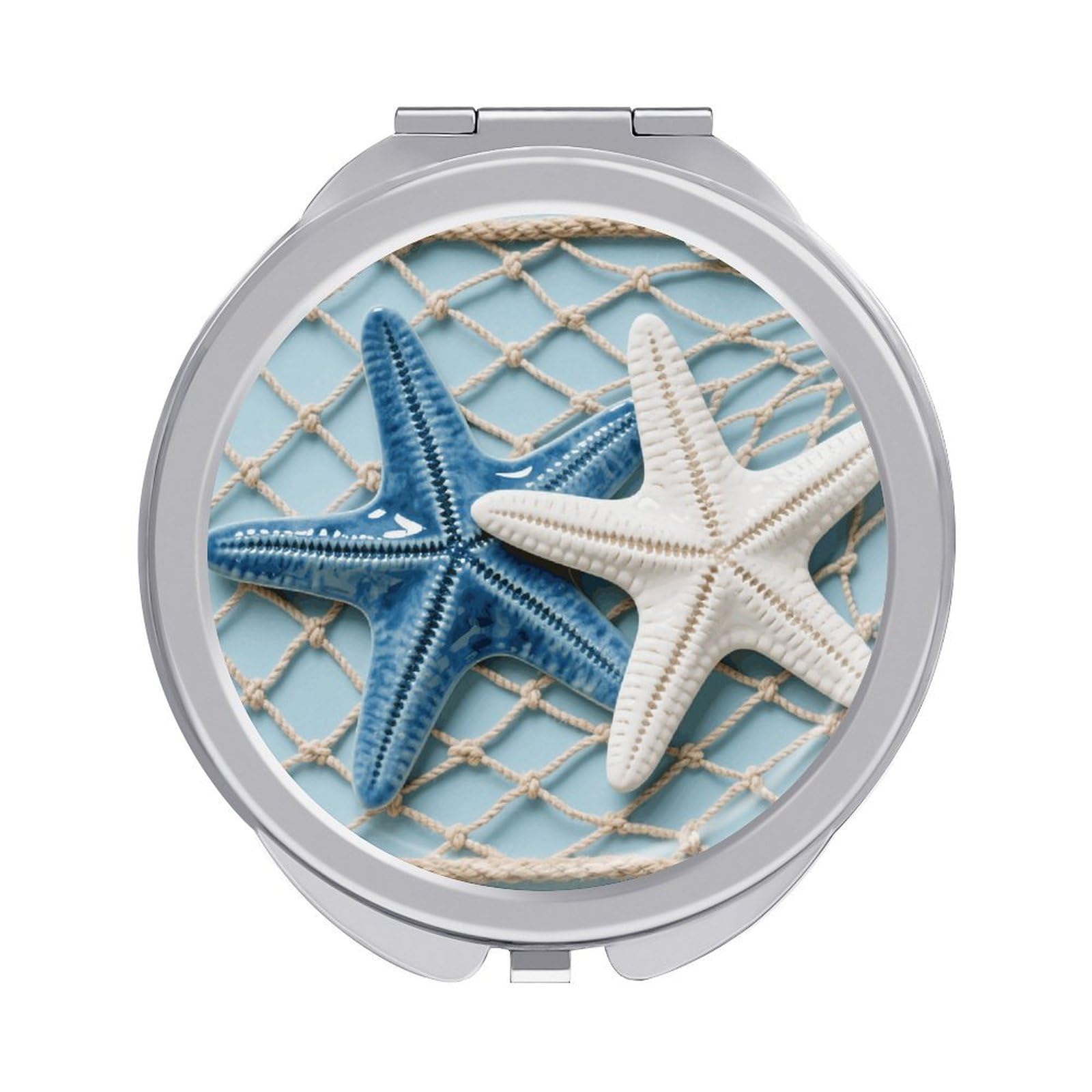 FodPand Compact Hand Mirror with 1x/2x Magnifying Round Travel Makeup Mirror Mini Foldable Sea Theme Starfish Cosmetic Mirrors Travel Essentials Gift for Women Girl Portable for Pocket Purse -Silver