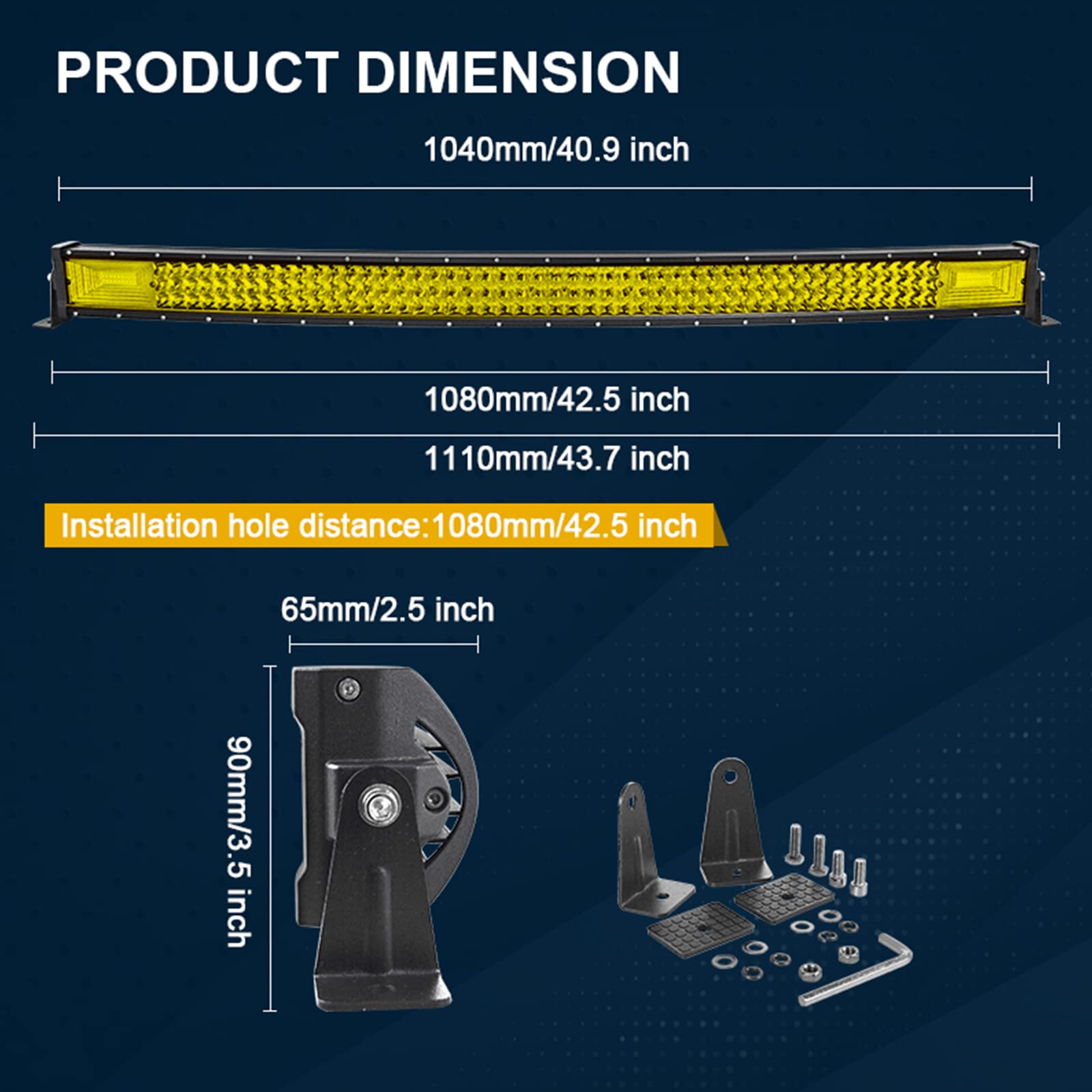 RIGIDON 3000 K żółty kolor LED listwa świetlna 12 V 24 V zakrzywiona 107 cm 540 W, 7D trójrzędowa lampa robocza do samochodu terenowego ciężarówki SUV UTE ATV 4x4, wiązka punktowa powodziowa,