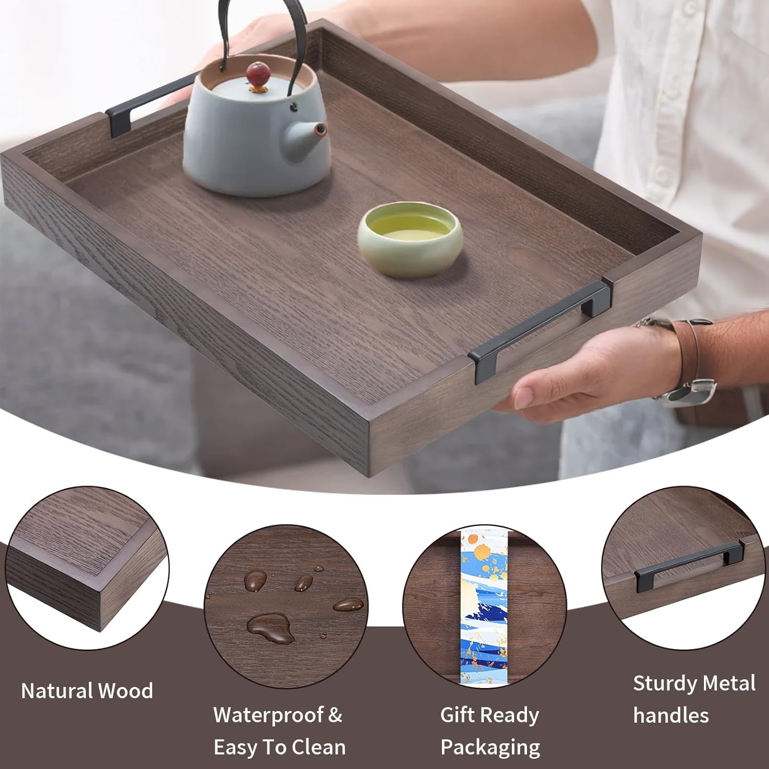 Large Rectangular Ottoman Tray for Living Room,Solid Wood Brown Coffee Table Trays 17x13 Inch Decorative Storage Acacia Wood Serving Tray with Handles for Breakfast in Bed, Dinner Food Kitchen-Natural - Image 6