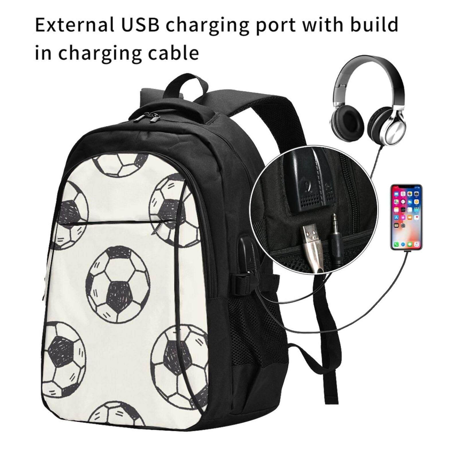 InOmak Pallone da calcio, Zaino da viaggio casual per laptop con porta di ricarica USB per uomo e donna