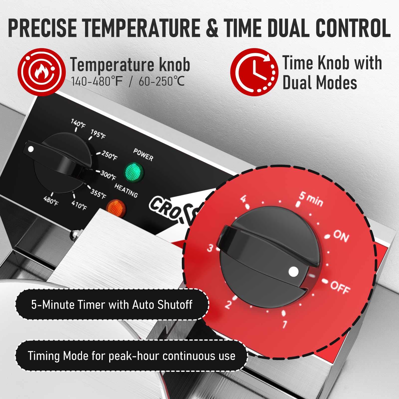 CROSSON Gaufrier Professionnel Rotatif,Gaufre Ronde en Acier Inoxydable Machine à Gaufres avec Revêtement Anti-Adhésif Contrôle de la Température et du Temps,220V/1300W