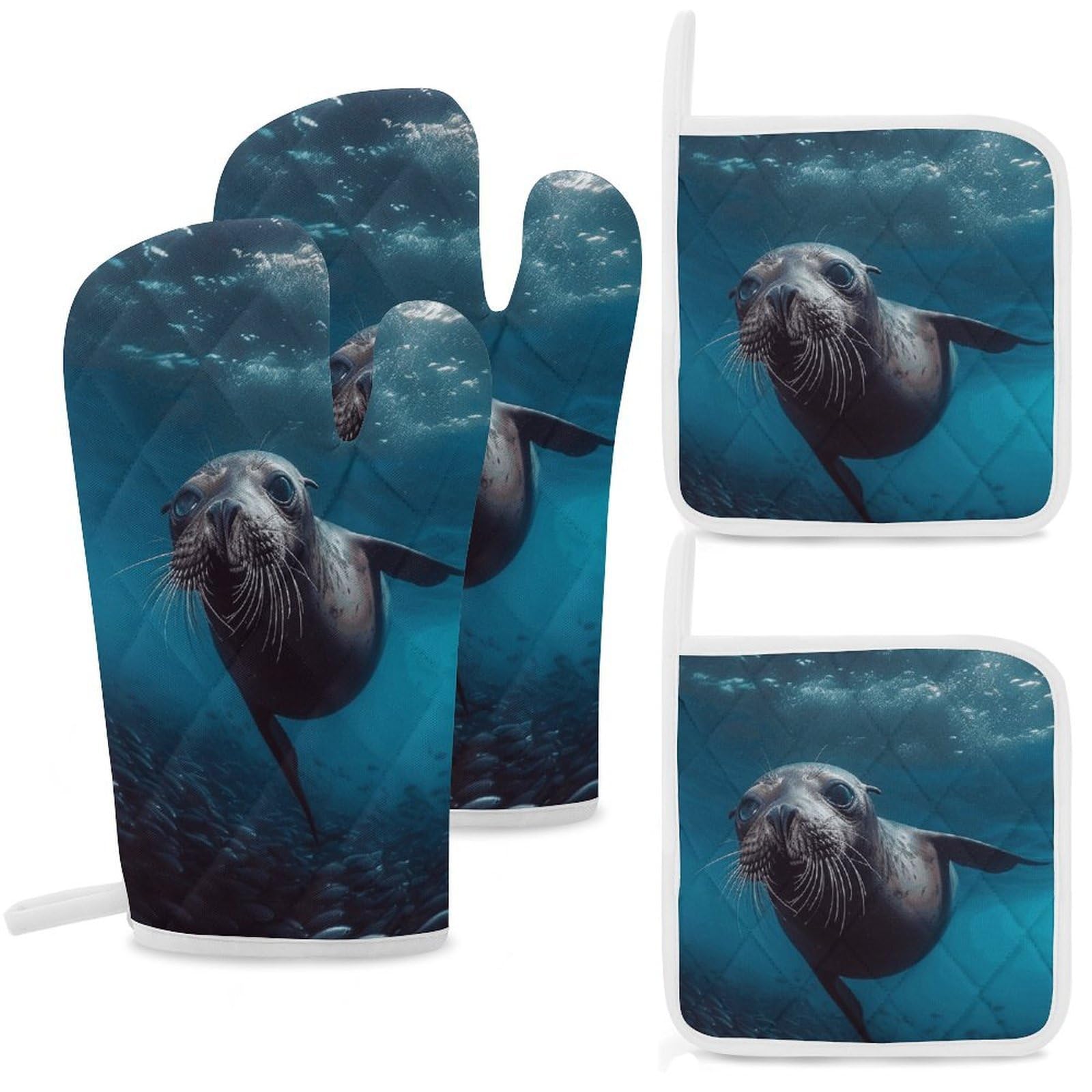Underwater Sea Lion Oven Mitts and Pot Holders Sets Heat Resistant Oven Glove with Hanging Loop for Baking Cooking BBQ Thicken Potholders for Kitchen