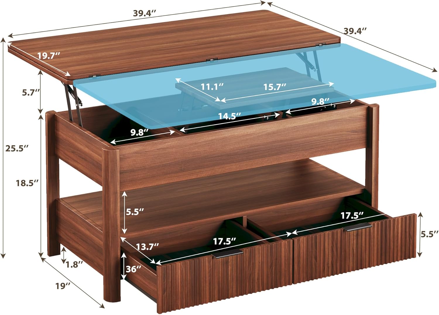 40" Lift Top Coffee Table Converts to Dining Table Storage Shelf 2 Drawers Walnut