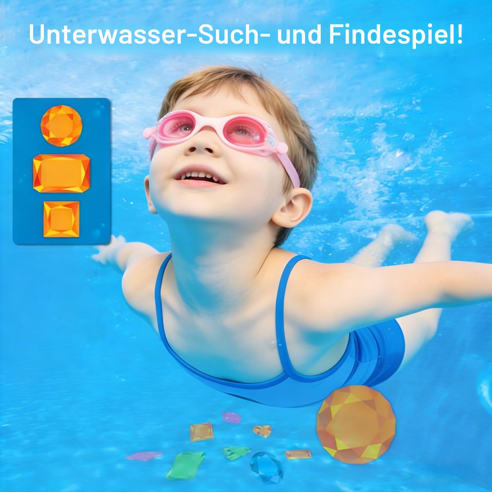 Pool‑Spielzeug für Kinder, Unterwasser‑Suchspiel‑Set mit 64 Edelsteinen & 35 wasserdichten Karten, Tauchringe, praktisches Tauchspielzeug mit Netzbeutel, spannende Sommer‑Wasserspiele für den Pool