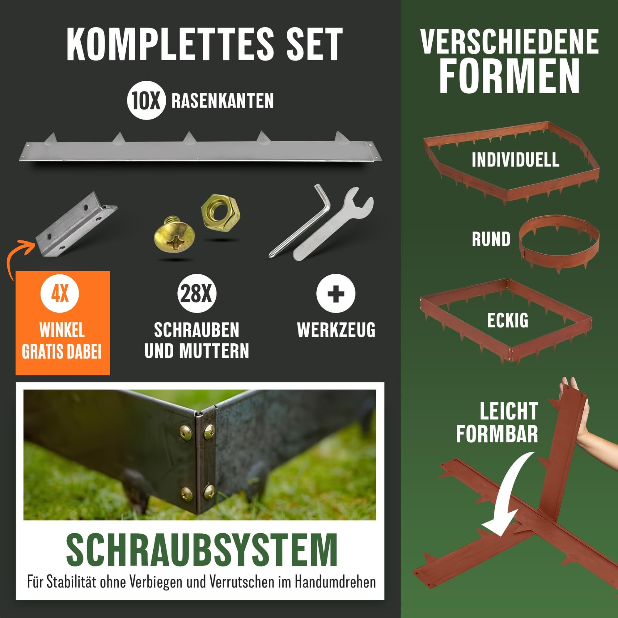Cortenstahl Rasenkante [Schneckenabweisend] mit Berührschutz | 10x 1m, 1,5mm dick | zur Garten- und Beetgestaltung | Beeteinfassung Metall Cortenstahl Beeteinfassung Rasenkante Metall