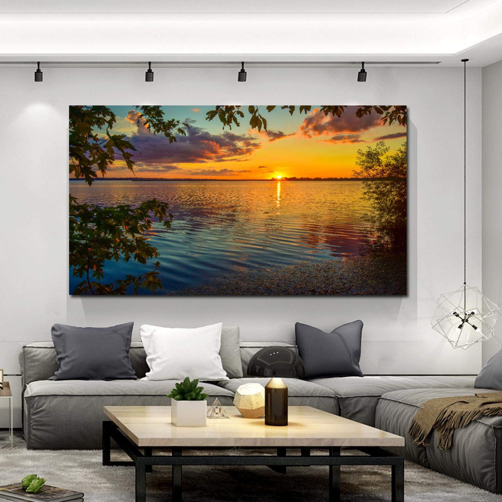 Cuadro de arte de pared, pintura de paisaje natural, puesta de sol, lago, árbol, lienzo, pintura, carteles e impresiones para la decoración de la sala de estar, 80x160cm (32''x63 '') Marco interior