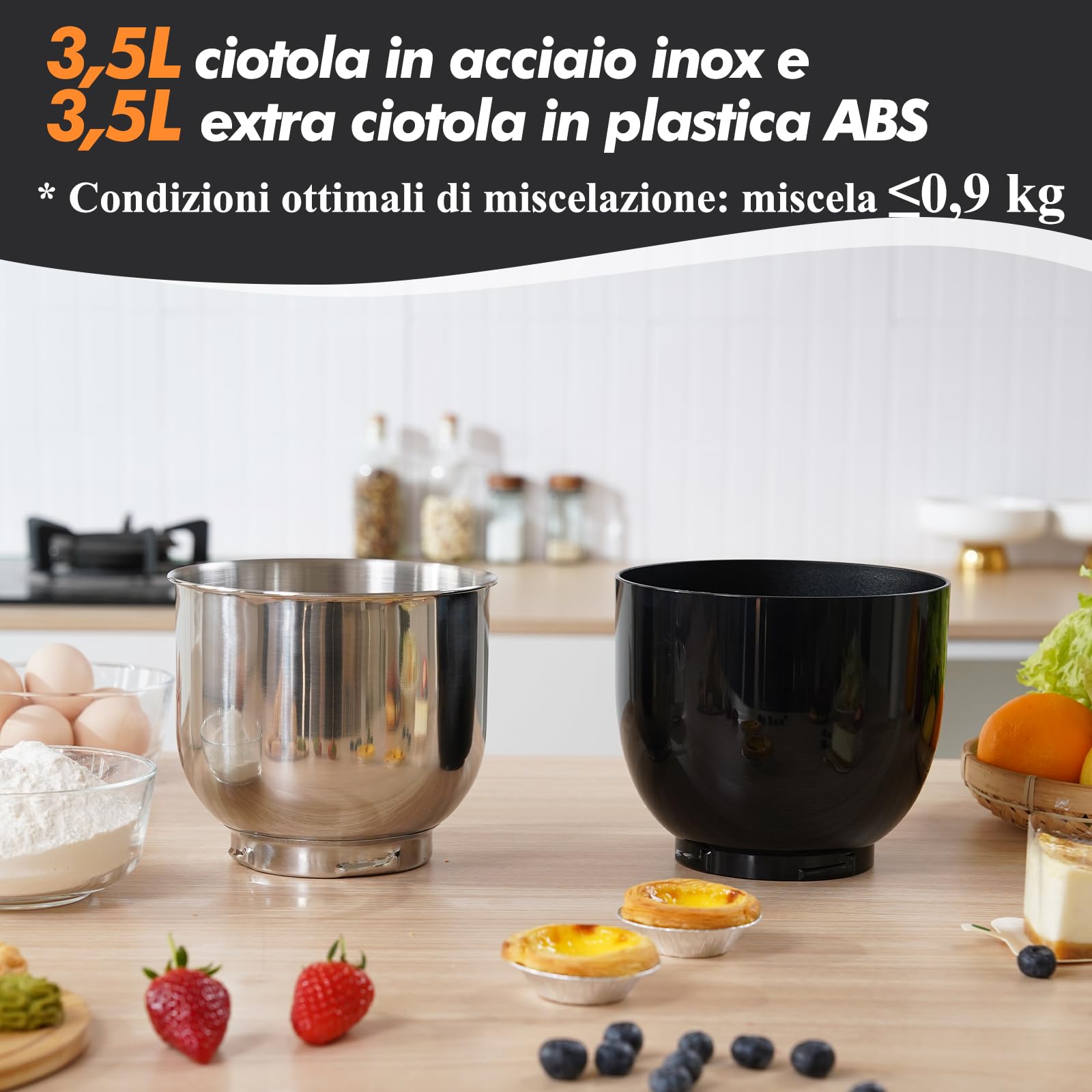 Kitchen in the box Impastatrice Planetaria, 2 Ciotole 3.5L Piccolo Planetaria Professionale, 10 Velocità Leggero Impastatrice Pizza con Uncino Impastatore, Mescolatore, Frusta Sbattitric(Nero)