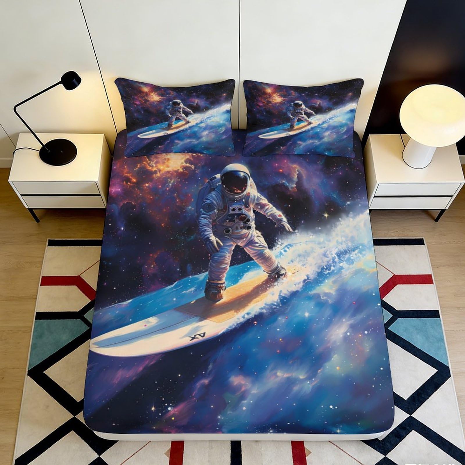 3D Printed Astronaut Surfer Galaxy Fitted Sheet Microfiber Soft Cosmic Nebula Mattress Cover Bedroom Decor 90x200x25cm