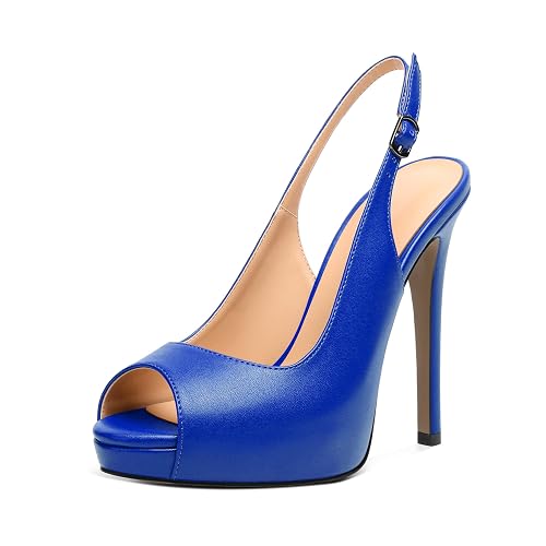 YODEKS Peep Toe Heels for Women Open Toe Platform Heels Pumps Slingback Buckle Strap Stiletto Shoes Wedding Dressy Party Wearing - 9 - Matte Royal Blue
