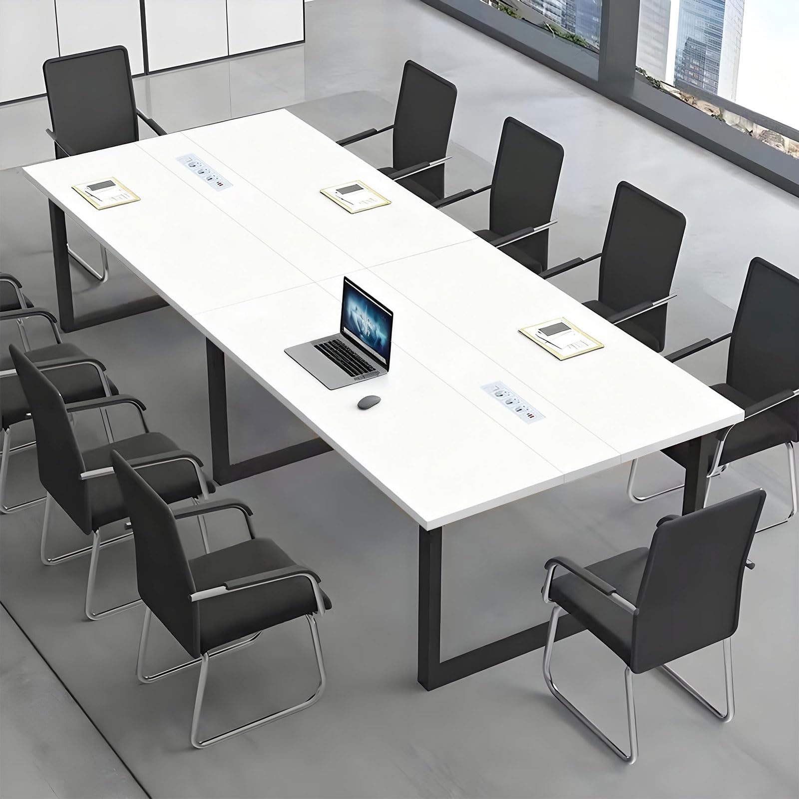 Tavolo Riunioni Moderno con Passacavi Integrato, Tavolo da Conferenza Rettangolare in Metallo Nero per 8–12 Persone, Ideale per Ufficio, Sala Conferenze e Seminari