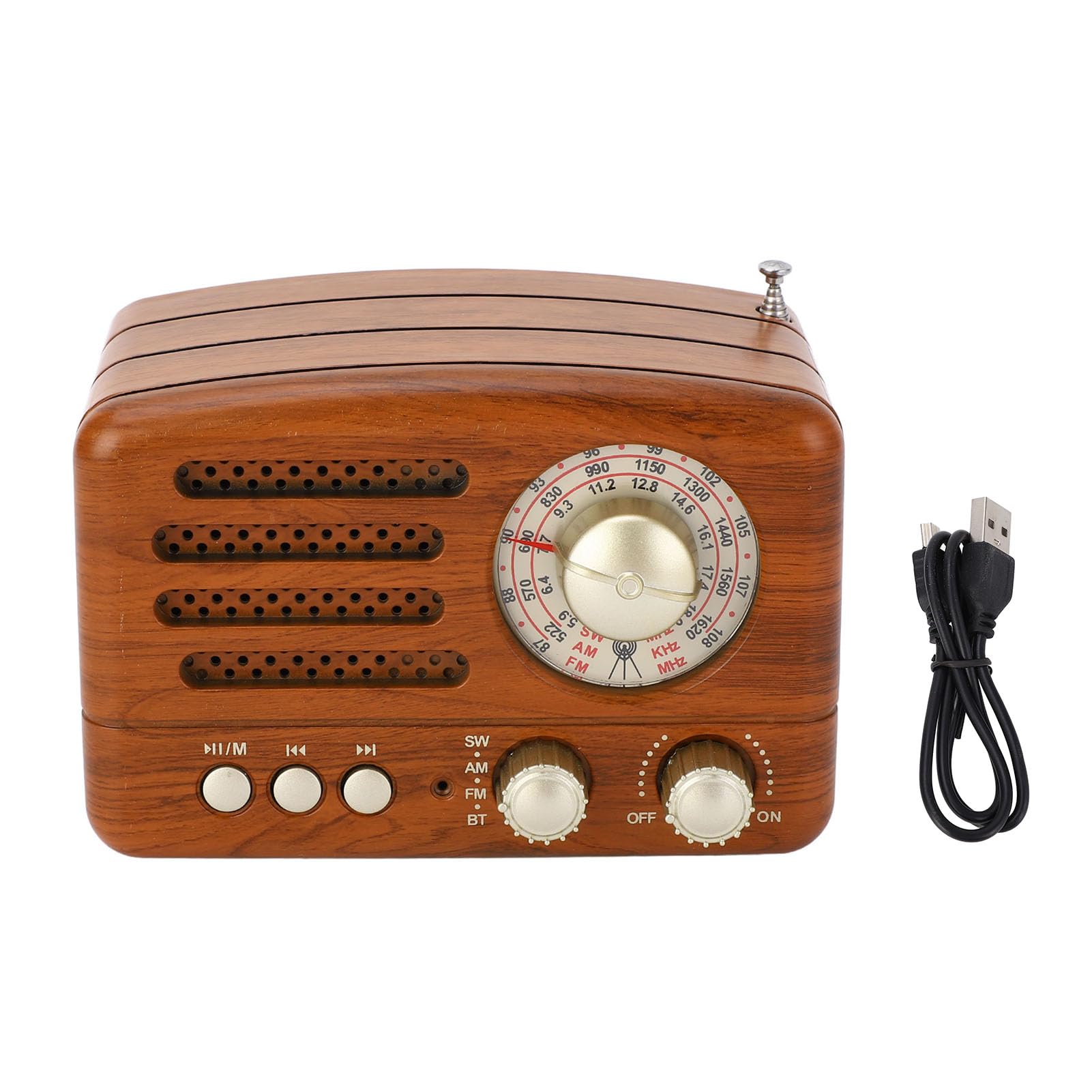 Radio AM FM vintage Altoparlante retrò portatile USB con antenna regolabile, batteria 1800mAh, legno