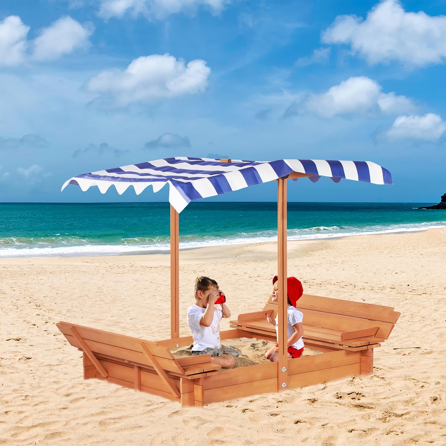 46" Wooden Sandbox with Canopy, Kids Outdoor Sand Box with 2 Foldable Bench Seats, Large Sandpit for Backyard Play, Splinter-Free Design