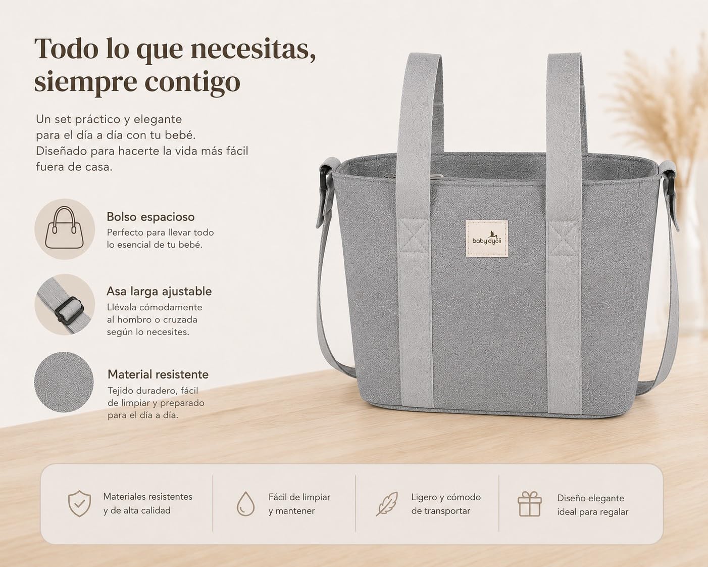 Borsa grande capacità, organizer grigio. Borsa per passeggino. Manici corti per il fissaggio al carrello e lunghi per la spalla.