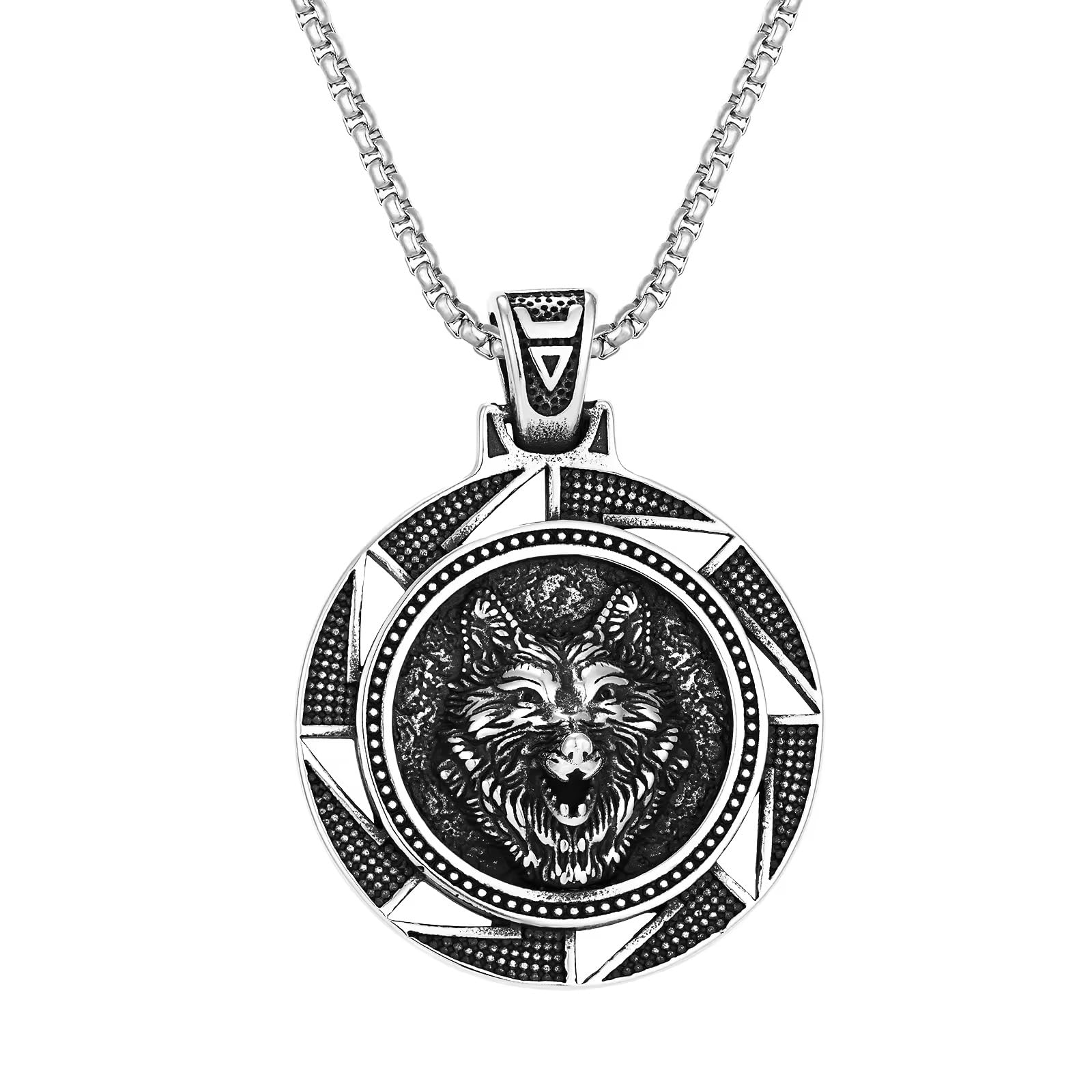 vientiq Oxidised Silver Wolf Head Pendant Chain Necklace For Men-picture-45